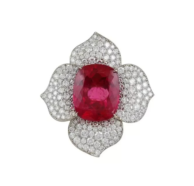 25.20 CT Cushion Pink Tourmaline With Pave Set Lab-Created Diamonds Flower Ring