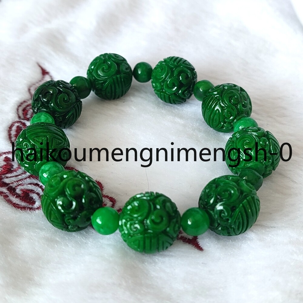 16mm Natural Green Burma Jade jadeite Carved RUYI Round Beads Bracelet 7.5″