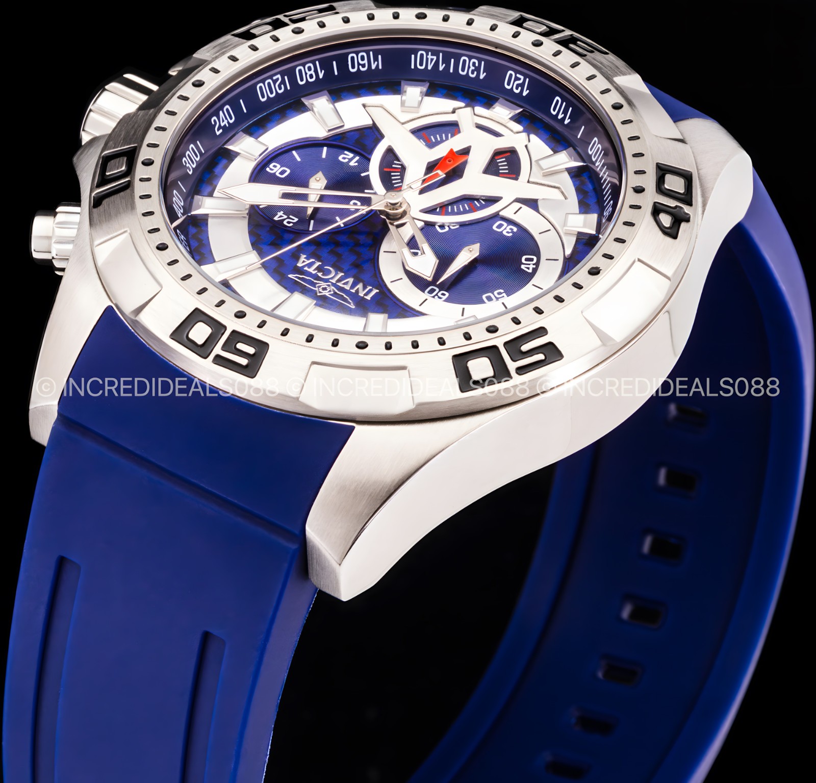 Invicta Mens AVIATOR Multi Function Blue Glass Fiber Dial Blue Strap SS Watch