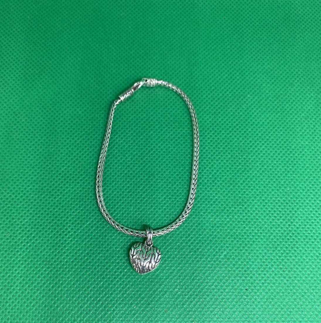 John Hardy Sterling Silver Diamond Heart Charm 2.5mm Wheat Weave Bracelet 7″