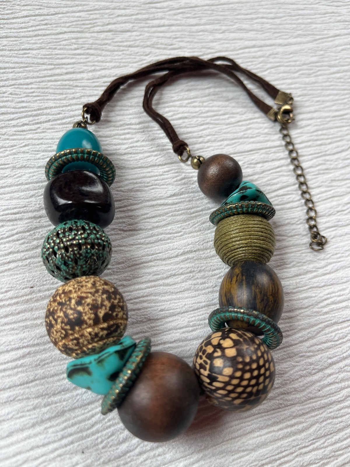 Dark Brown Double Suede Cord w Chunky Turquoise Brown Metal Wood Plastic Bead