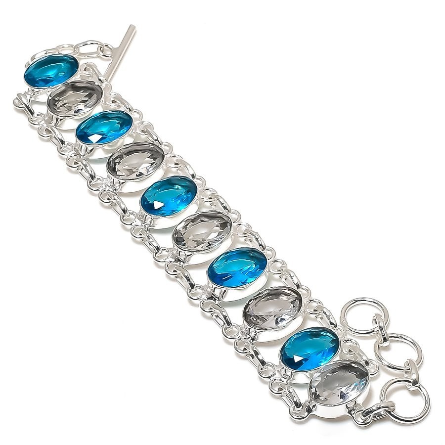 Swiss Blue ,White Topaz Gemstone 925 Sterling Silver Jewelry Bracelet Size 7-8″