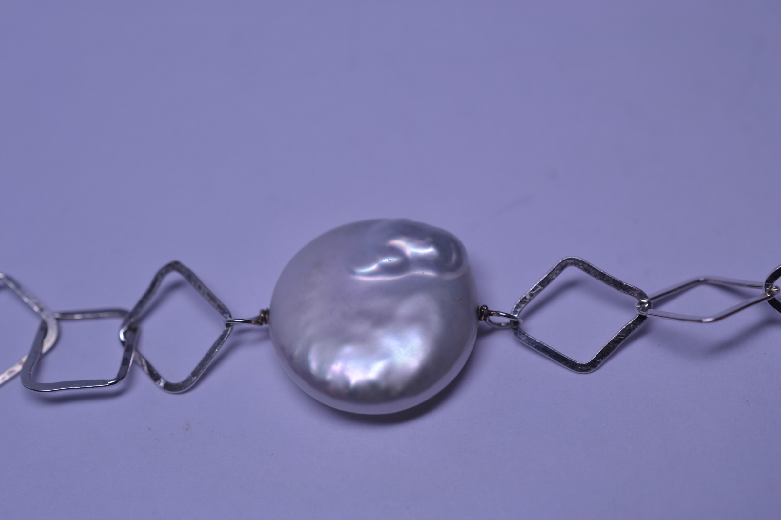 STERLING SILVER 30 IN. LONG OPEN LINK & LARGE 5/8 IN. WHITE COIN PEARL NECKLACE
