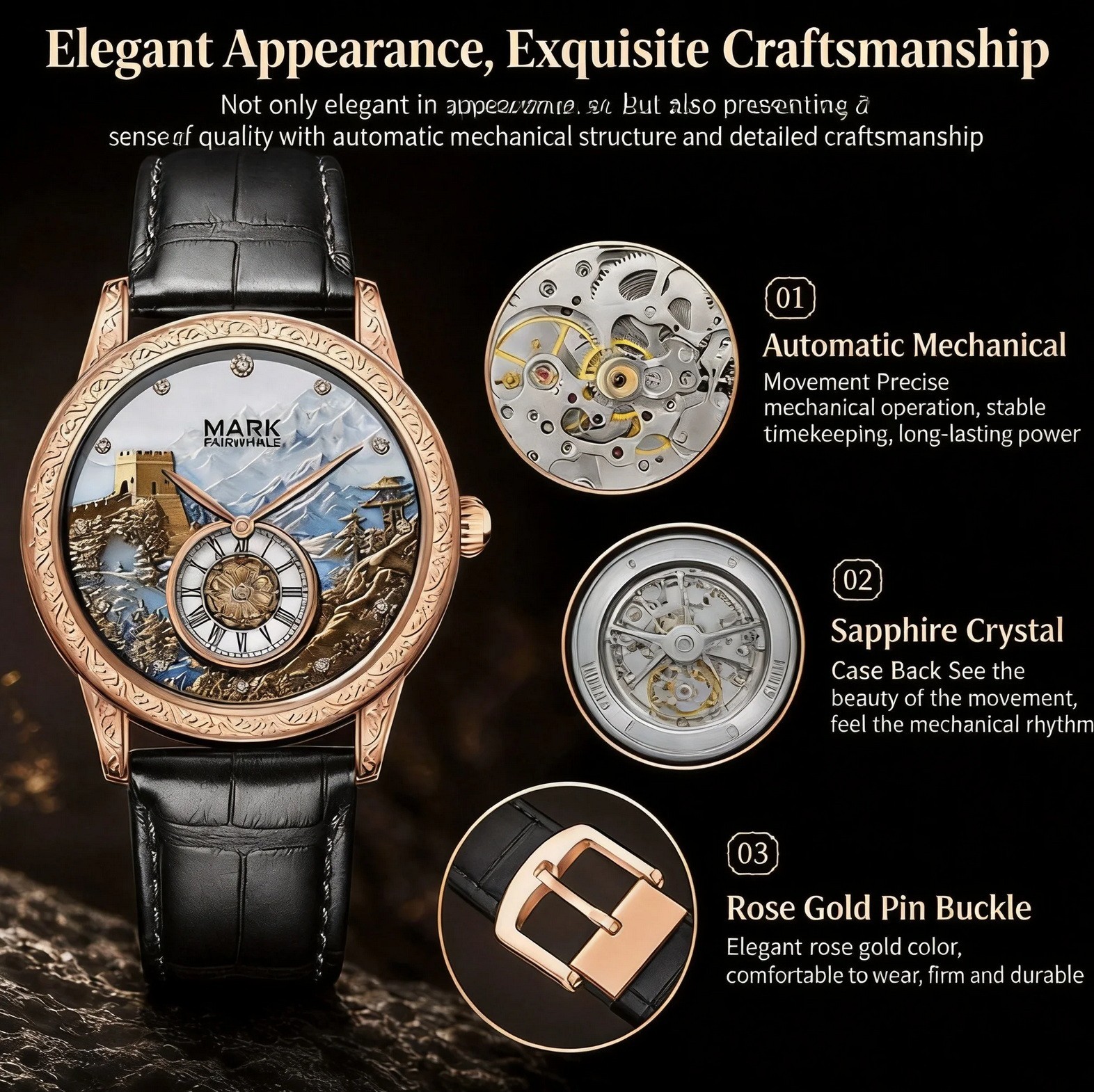 Mark Fairwhale Automatic Watch Men Great Wall Luxury Mechanical Luminous Leather