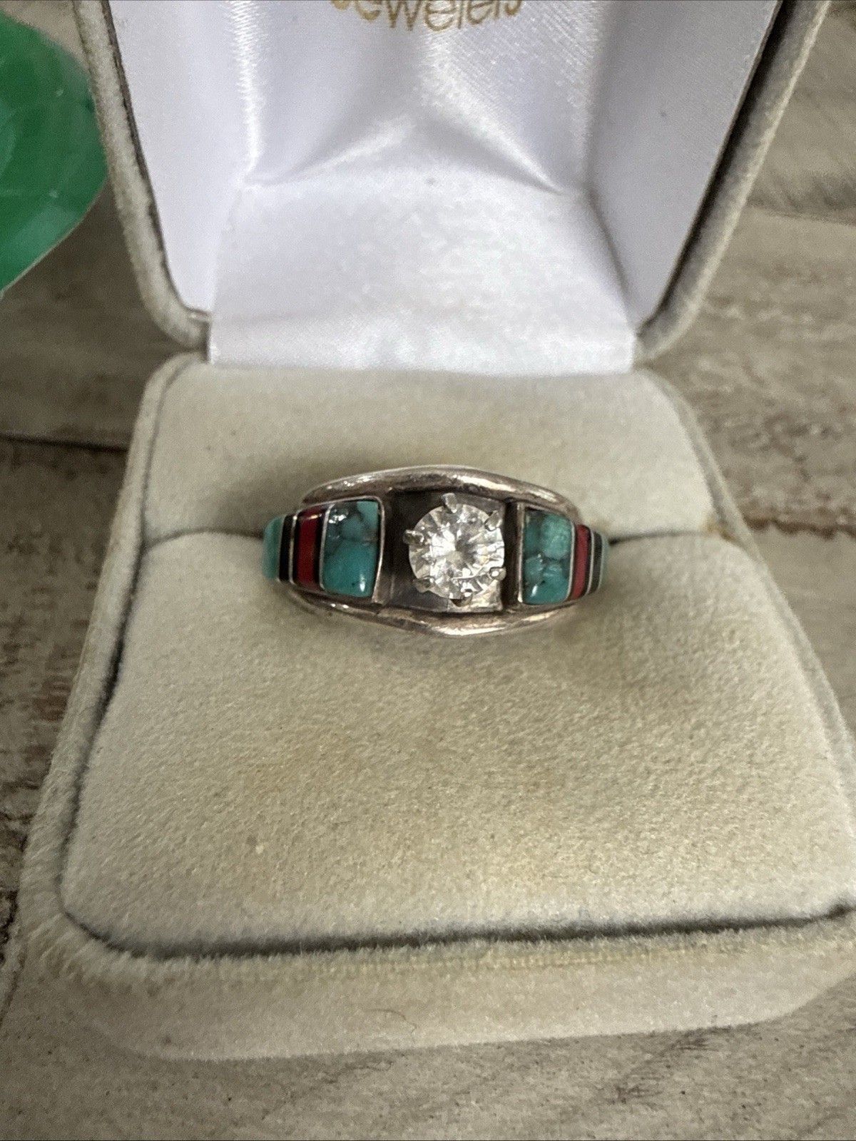 Sterling Silver 925 Turquoise & Rhinestone Southwestern Style Ring Sz 5.75 #3630