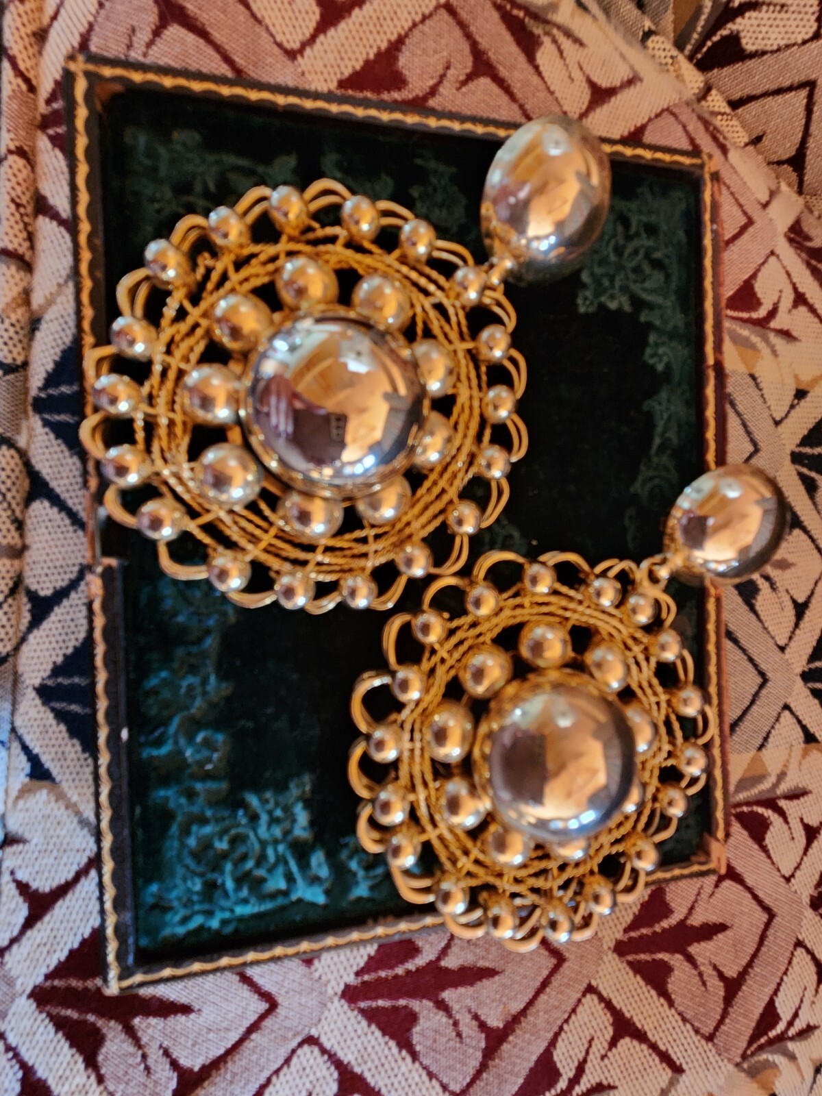 Vtg Huge Gold Tone Round Mid Century Costume Jewelry Earrings Boho #120