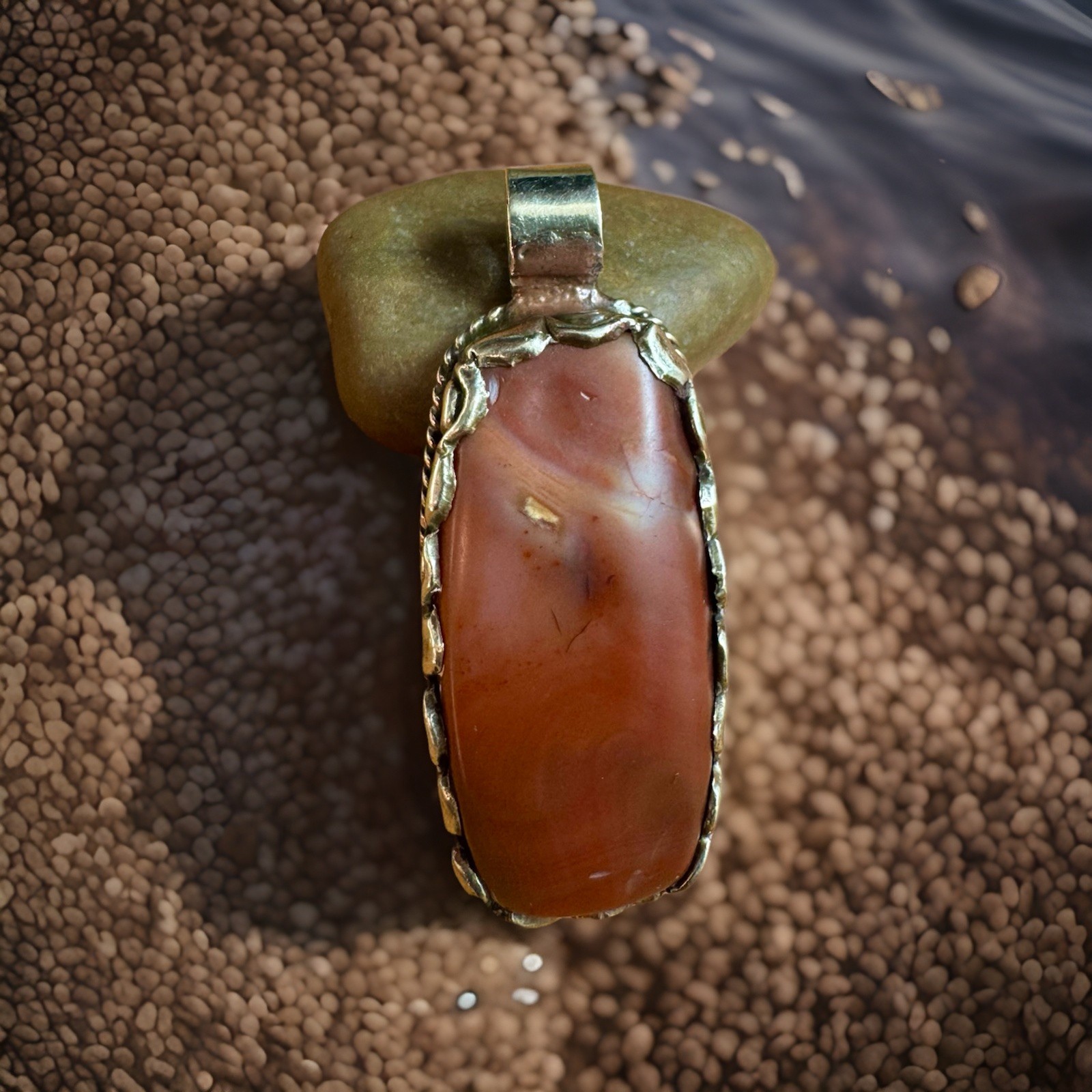 Vintage Himalayan Agate Pendant Auspicious Floral Carving Set in Silver 2in,20g