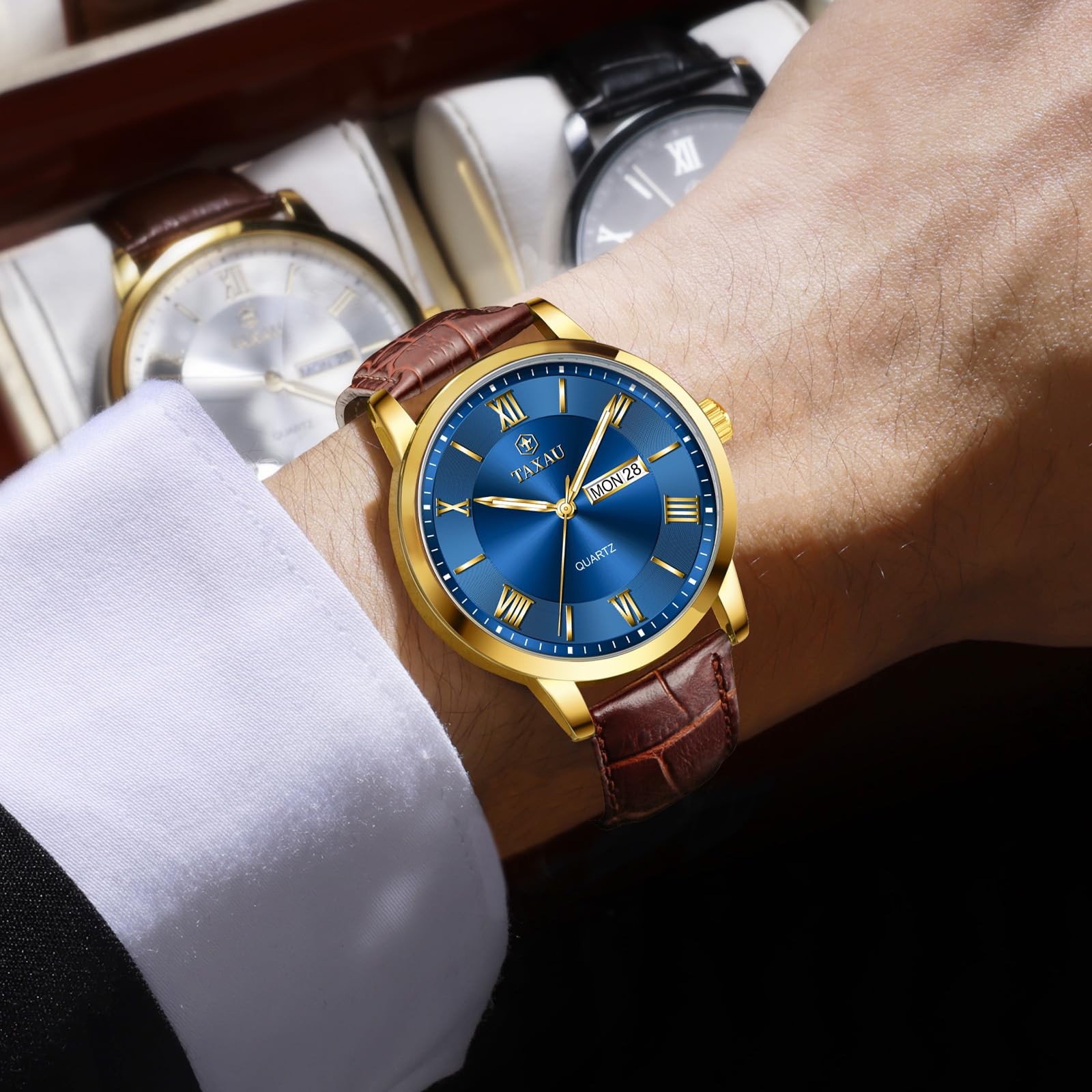 Taxau Leather Watches for Men Blue Face Classic Luxury Men’s Dress Watch Anal…