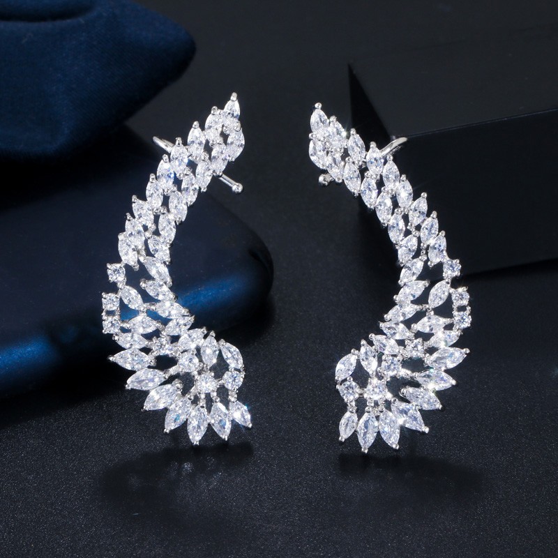 Silver Plated Cubic Zircon Symmetrical Stud Ear Cuff Climber Earrings for Women