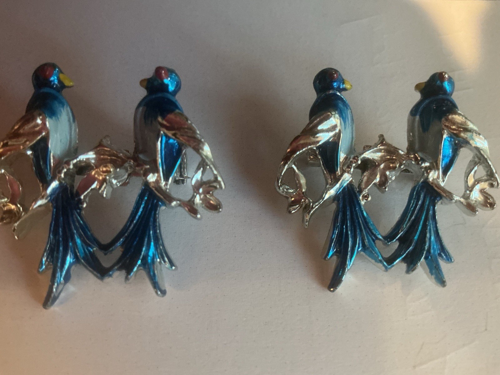 Vintage Pair of Enamel Blue Birds Brooch, 1.25” x 1.25”