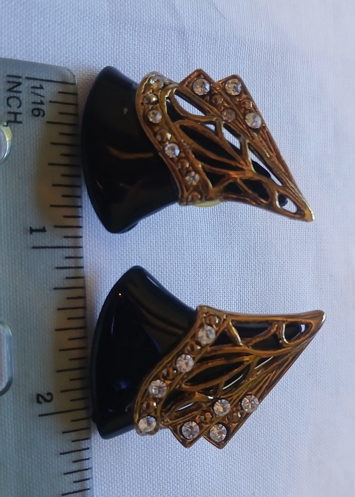 Vintage ART Deco Style Black & Gold Tone Rhinestone Set Earrings & Brooch