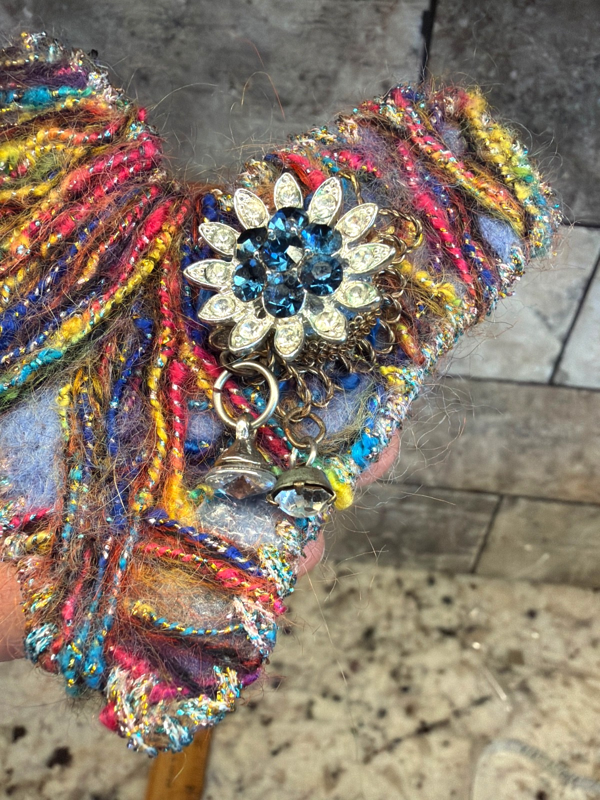 Vintage Handmade Fur Yarn HEART Pin Brooch Flower Rhinestone 3D Red Blue 3.75″