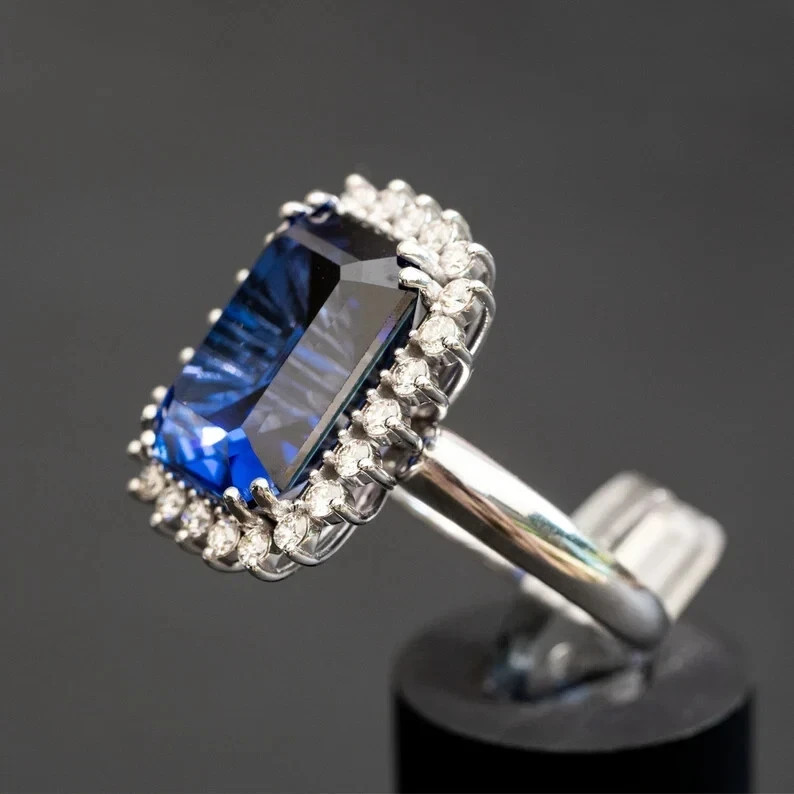 4.90 Ct Natural Sapphire & Diamond Engagement Ring 925 Sterling Silver