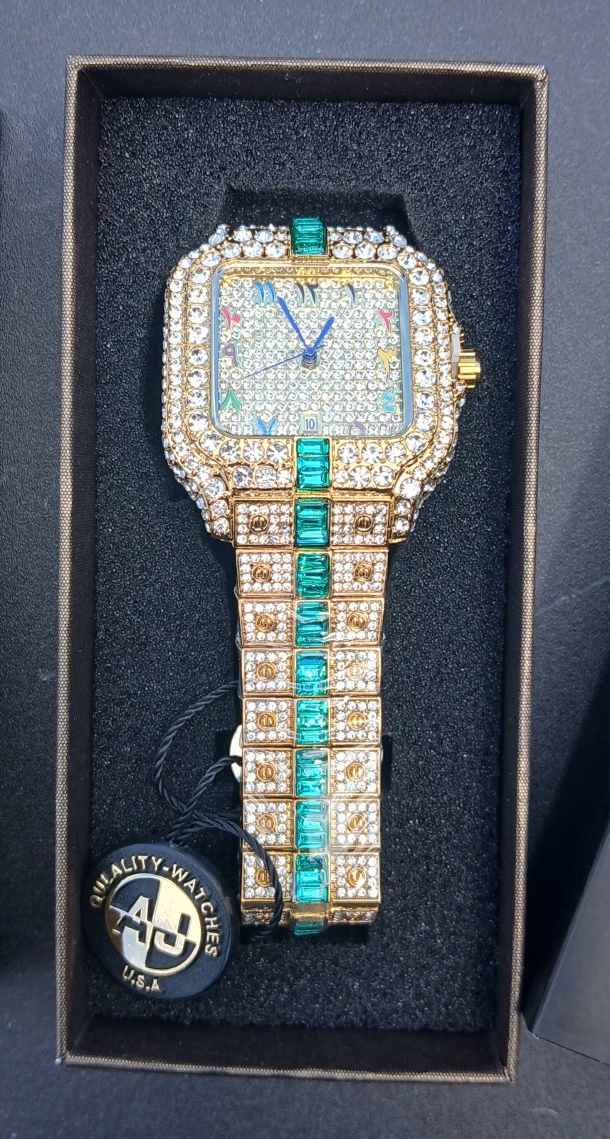 AJ ACCESSORIES 43MM ICED OUT GOLD WATCH WITH GREEN VVSCZ CRYSTALS ARABIC NUMBERS