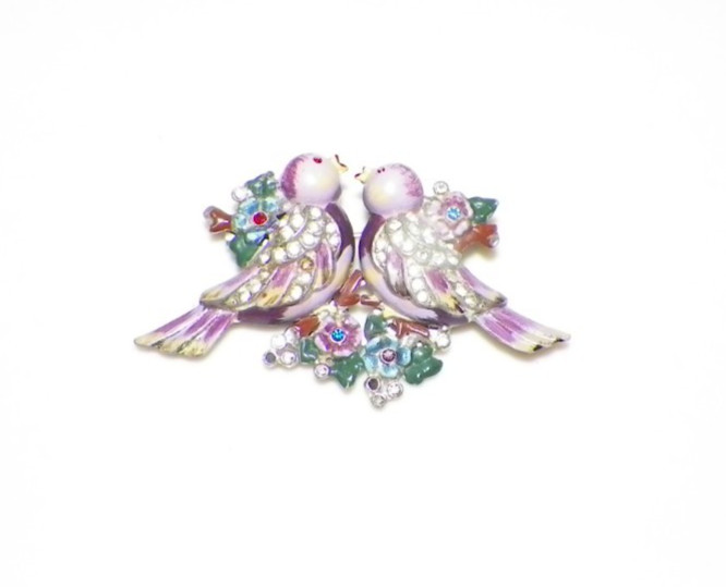 VINTAGE CORO PURPLE LOVE BIRDS DUETTE BROOCH RHINESTONE & ENAMEL