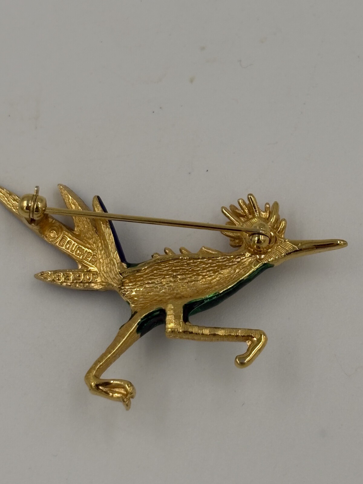 Vintage Signed Boucher Roadrunner Brooch Green Blue Enamel Red Eye Gold Tone