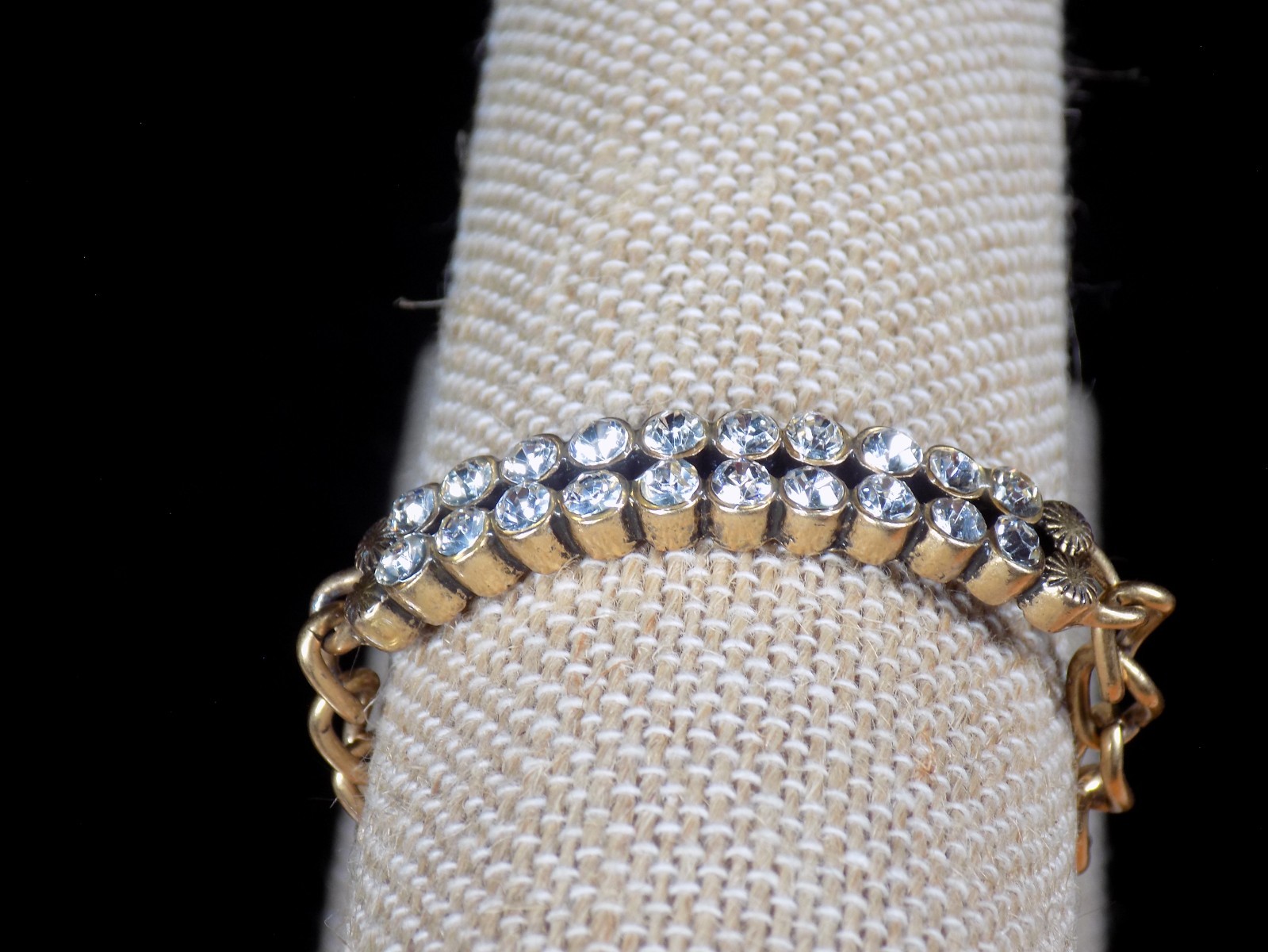 Vintage J Crew Bracelet Gold Tone Curved Bar White Colorless Rhinestones 6.5″