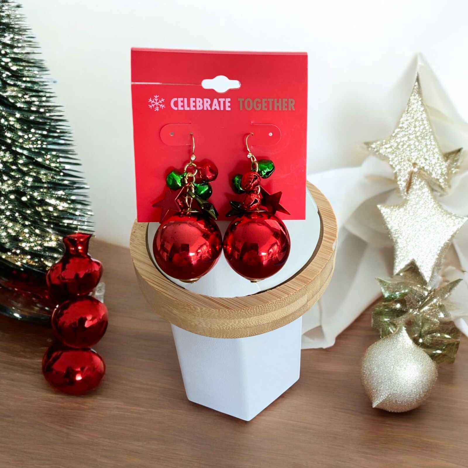 Celebrate Together 2 1/4″ Gold Tone/Green/ Red Jingle Bell & Ball Earrings-NWT