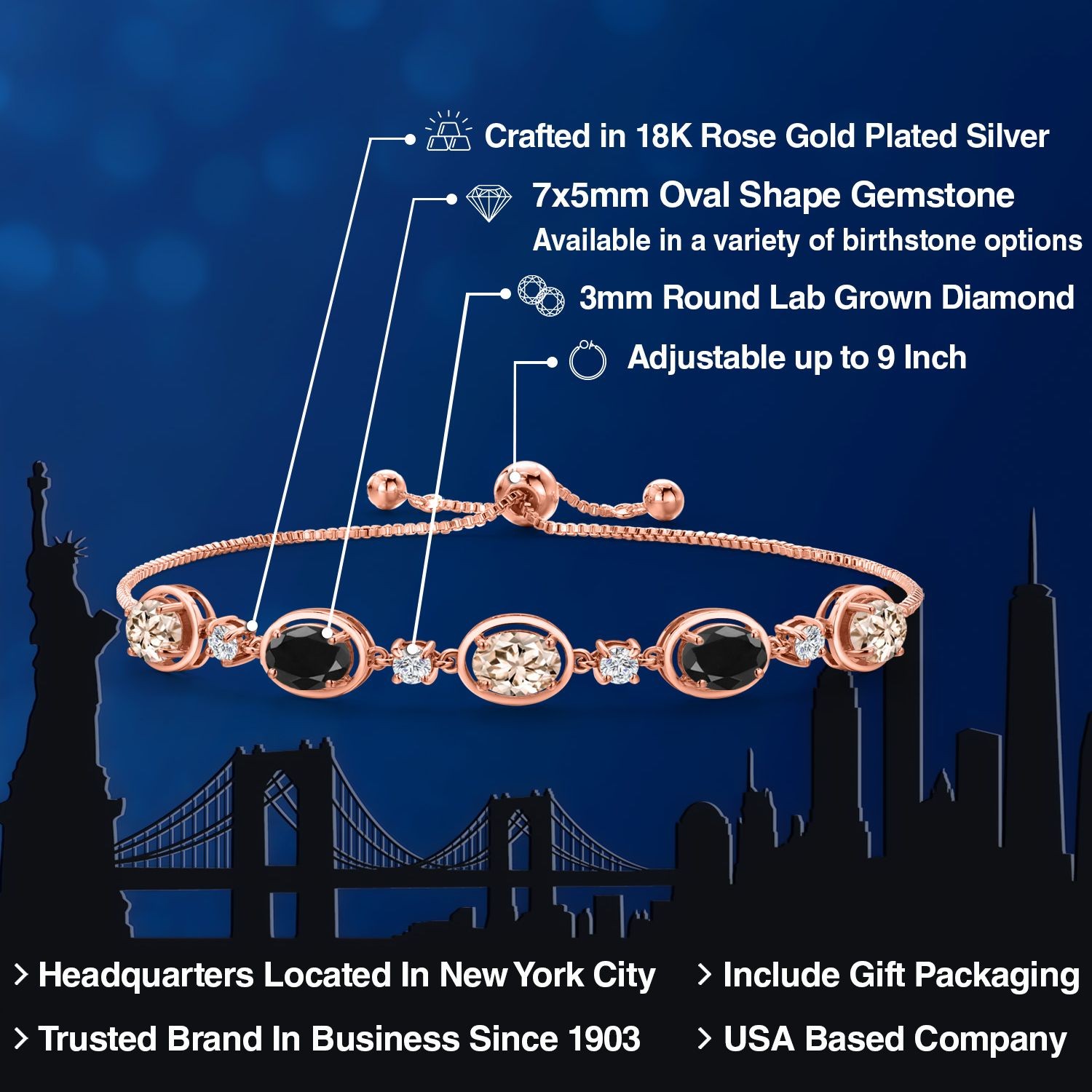 18K Rose Gold Plated Silver Peach Morganite and Black Sapphire and Lab Grown