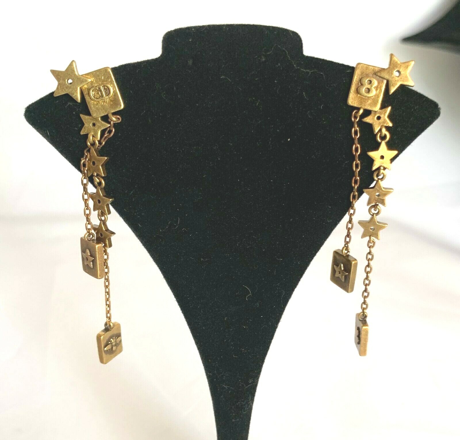 Christian Dior Aged Gold Brass color Bee and Star Medal Earrings