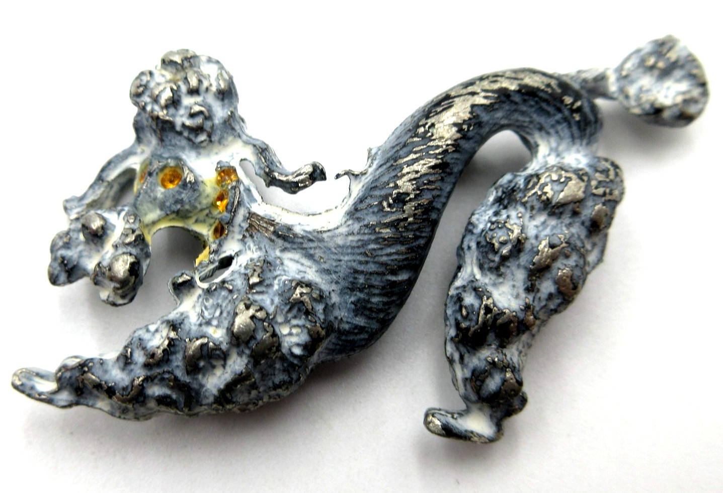 VTG UNUSUAL POODLE DOG Brooch Pin silver tone gray black YELLOW RHINESTONE EYES