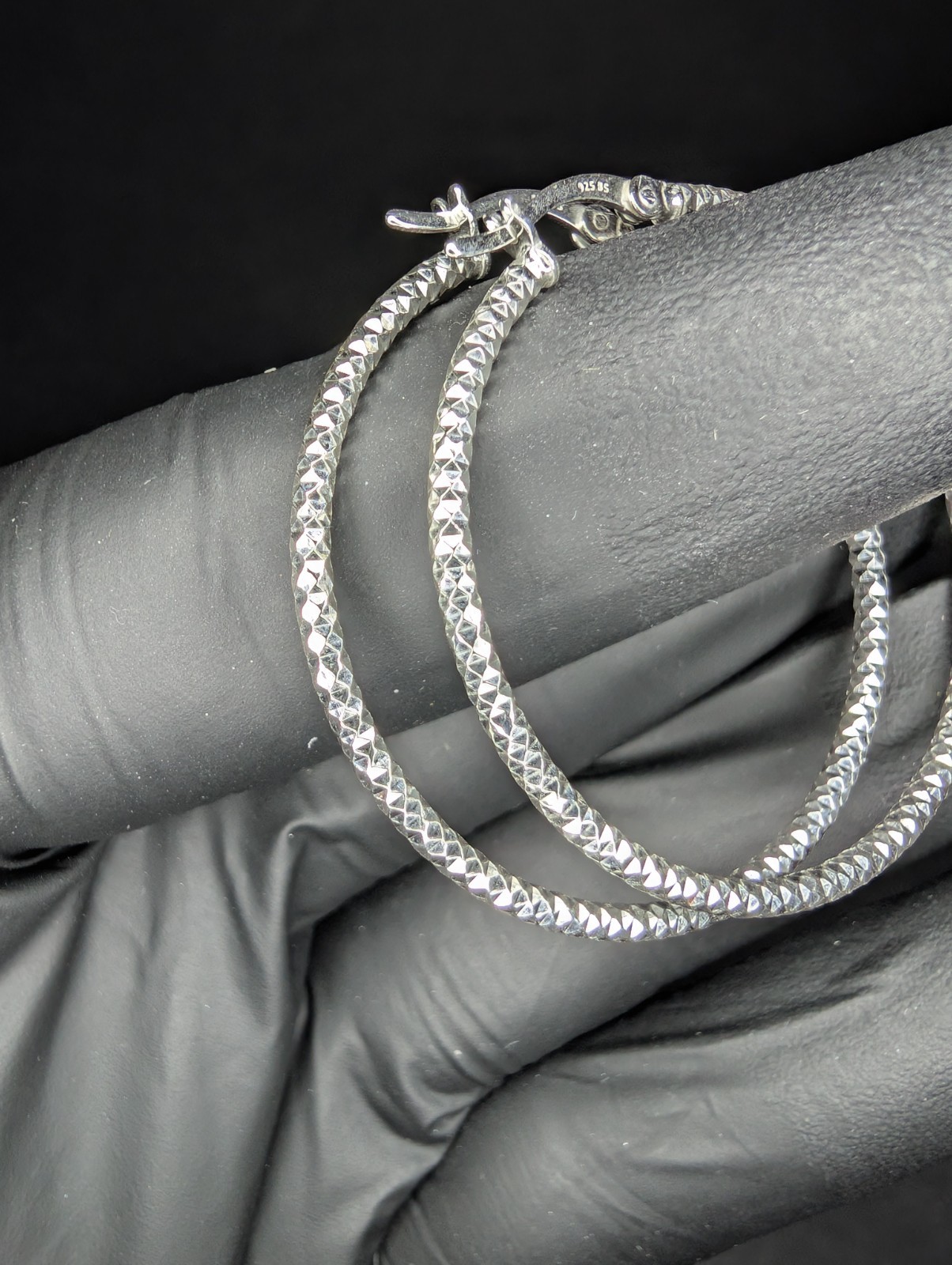 Solid 925 Sterling Silver 40.0mm Diamond Cut Textured Hoops
