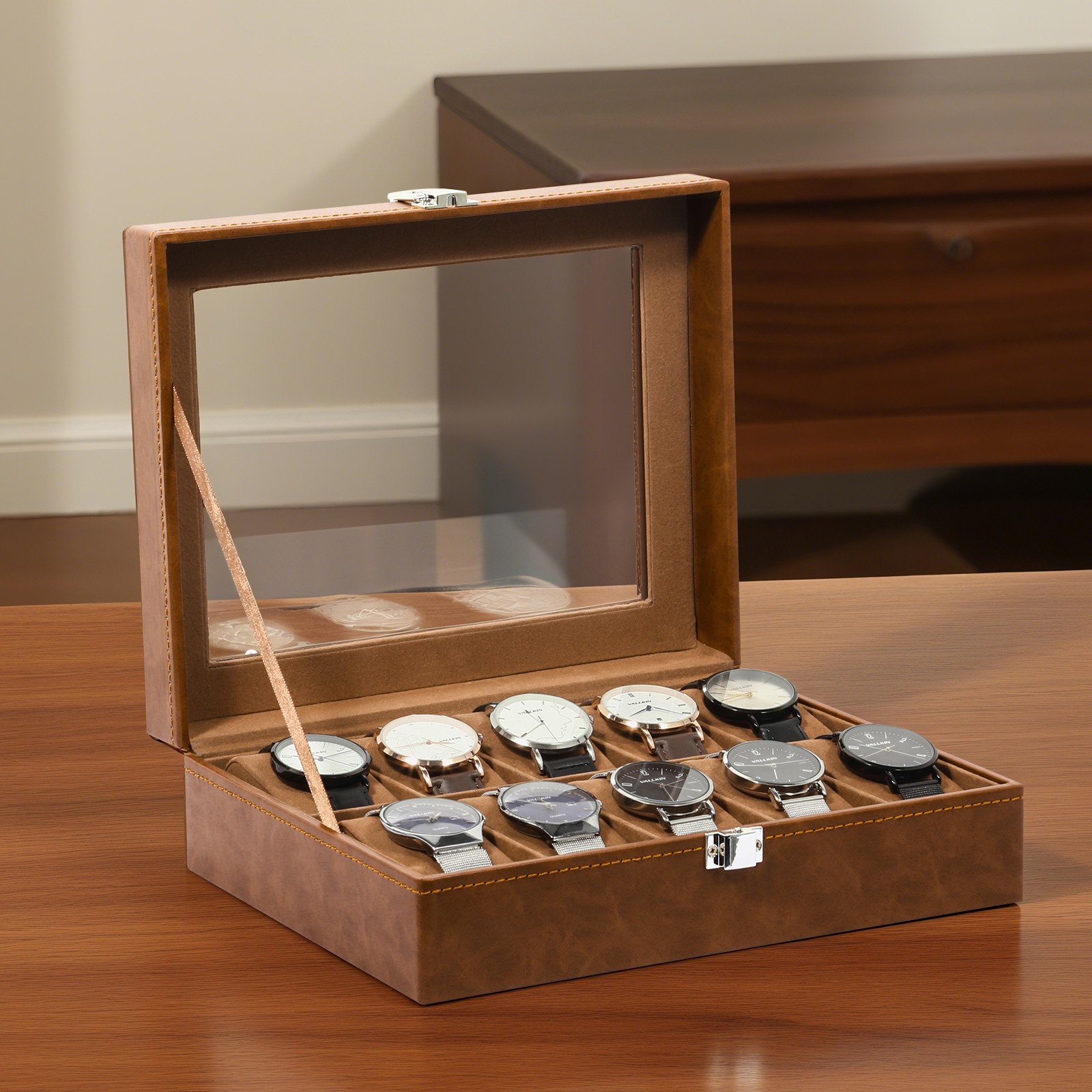 10 Slots Watch Box PU Leather Display Case Jewelry Organizer Box w/Glass Lid NEW