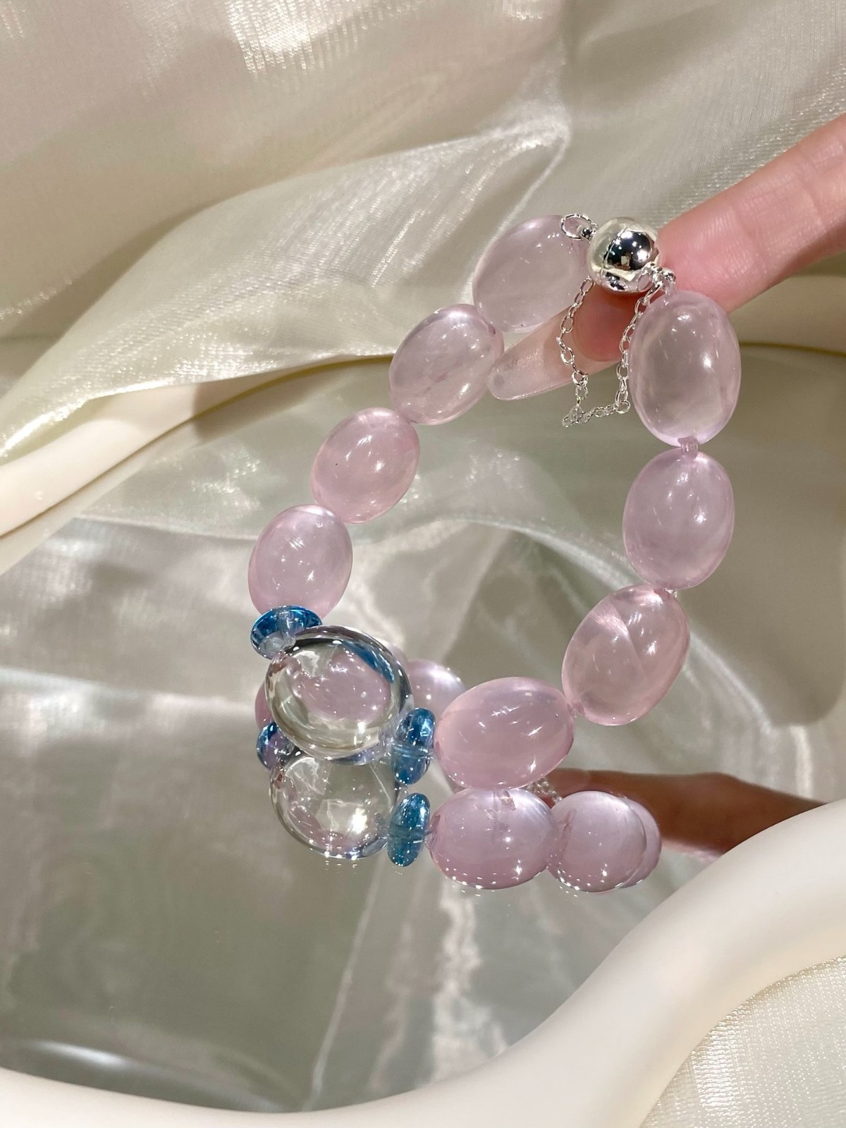 LUSA FEELA Natural Pink Crystal Topaz Beaded Stretch Bracelet Gift Box