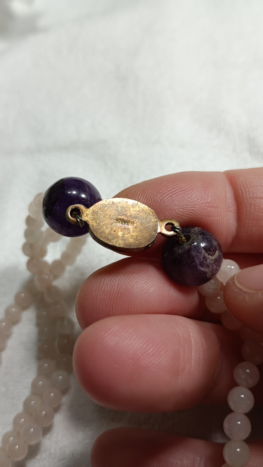 Vintage Chinese Rose Quartz Carved Amethyst Stone Beaded Necklace Silver Clasp