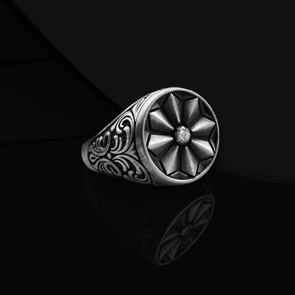 Geometric Flower Signet Ring 925 Sterling Silver Oxidized Ring Duty Free