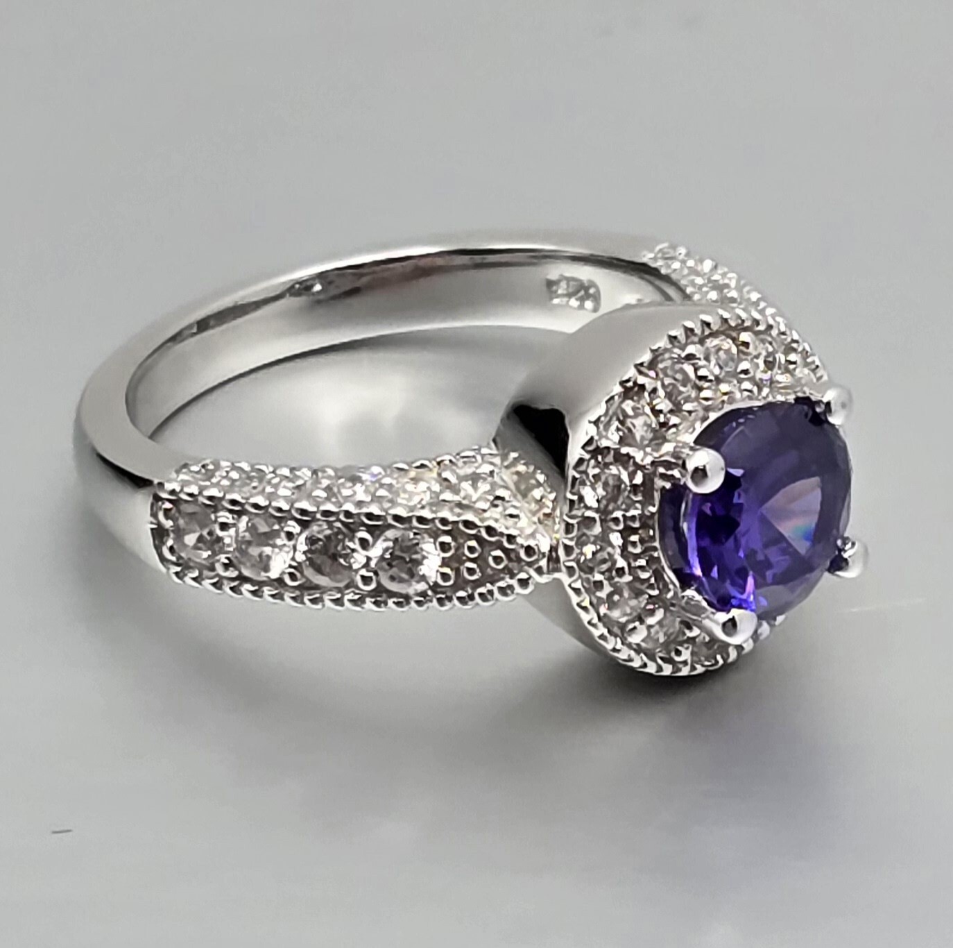 6.5mm Round Cut Amethyst & Pavé Set Sterling Silver Cocktail Ring – Size 7.0