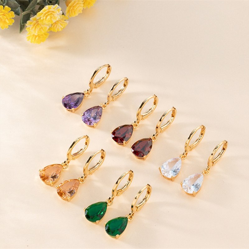 Female earrings water drop zirconium copper inlaid color all-match simple Retro