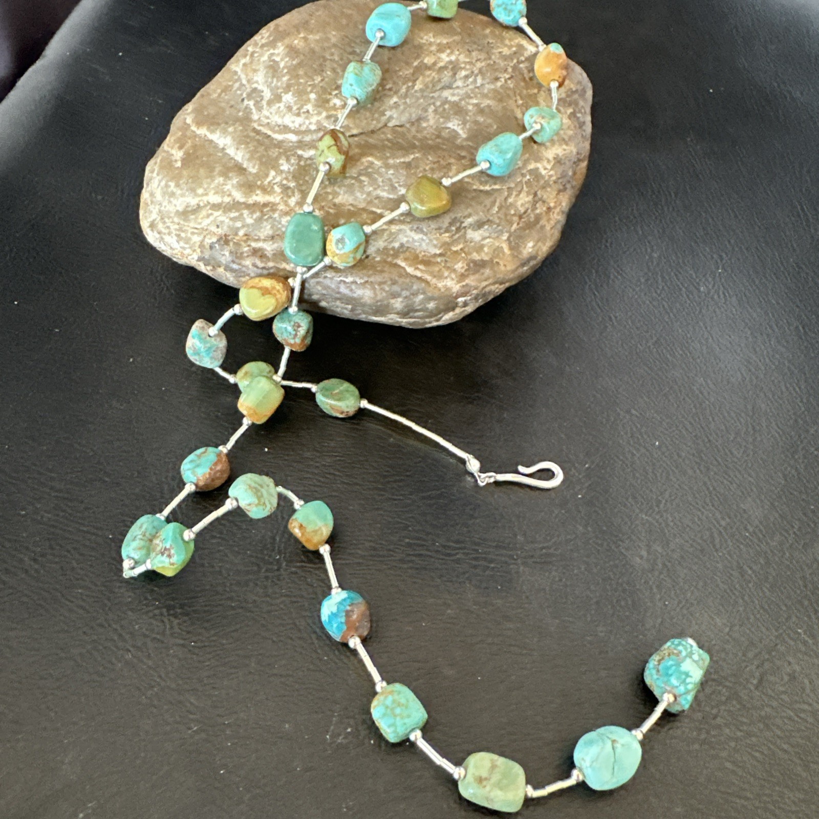 Green Turquoise Liquid Heishi Sterling Silver Nugget 20″ Necklace 19046