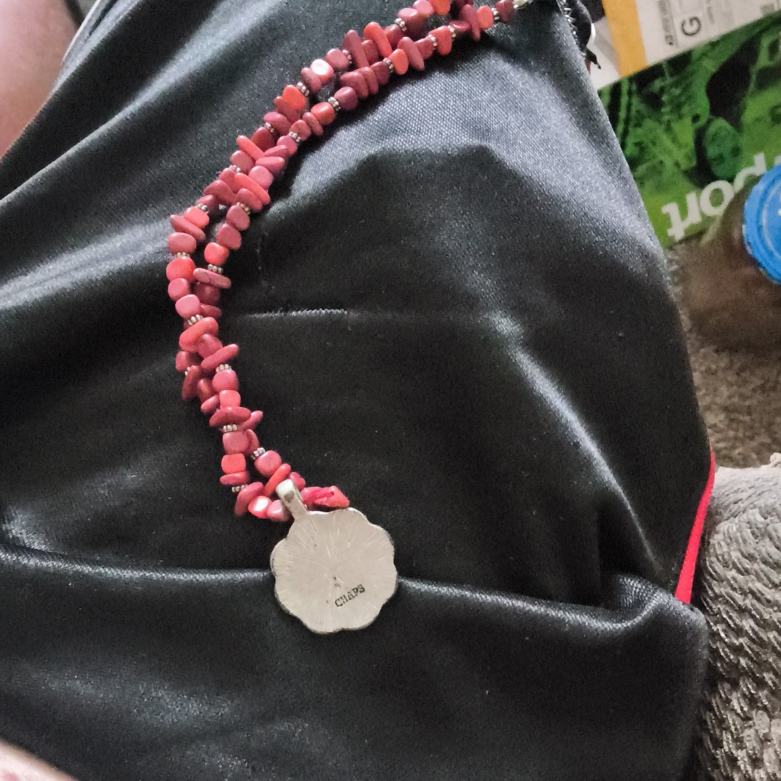 Red Chip Beaded Necklace Silver-Tone Flower Charm Pendant Lobster Clasp