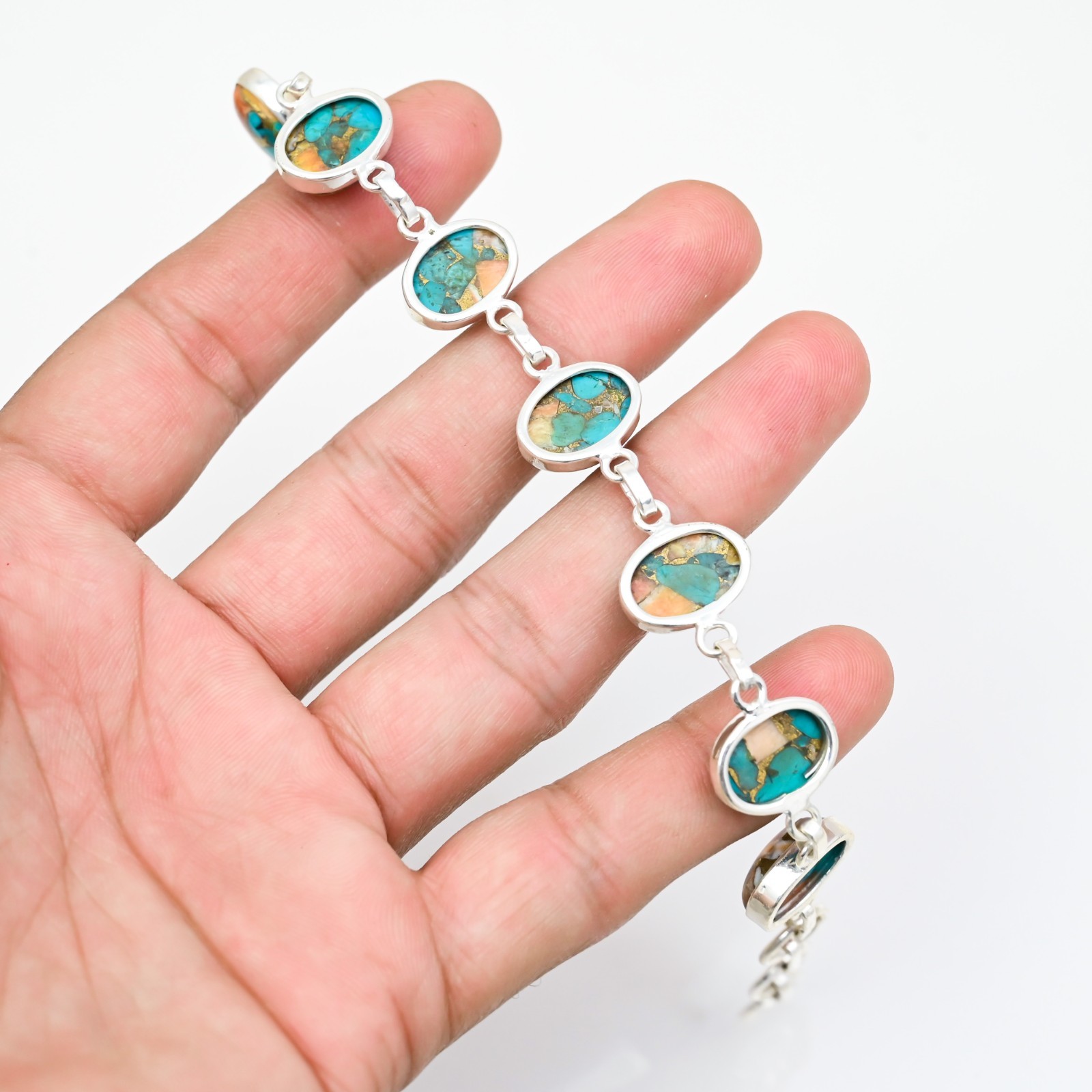Copper Turquoise Gemstone 925 Sterling Silver Handmade Bracelet Jewelry Gift For