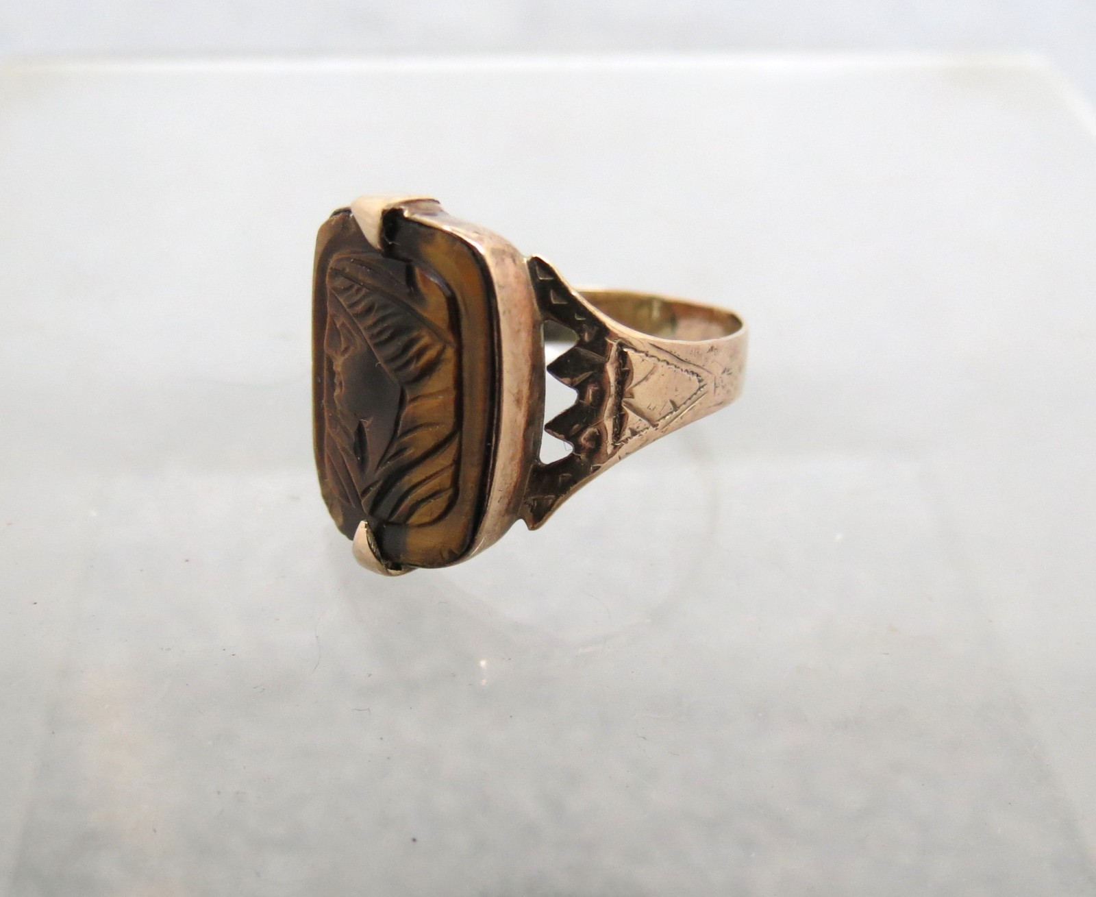 Victorian 10K Yellow Gold Cameo Ring Tiger’s Eye Carved Face Size 5 Pinky 2.52g