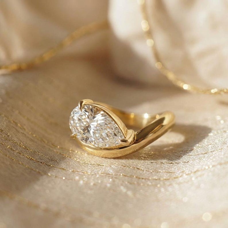 East West 2.0 CT Pear Cut Moissanite Solitaire 14K Gold Curved Ring For Her