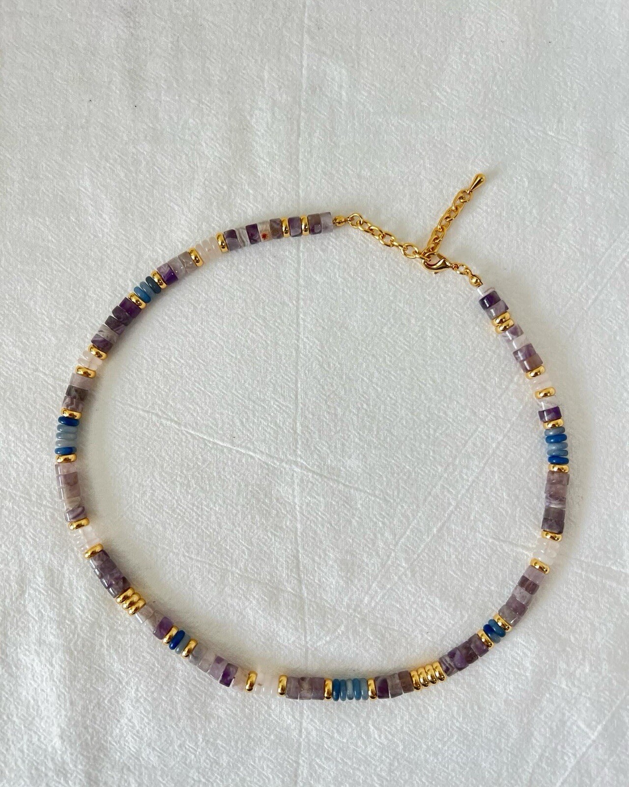 Layered Jade Necklace Set, Purple/Blue/White Beads, 18K Gold Plated, Handmade