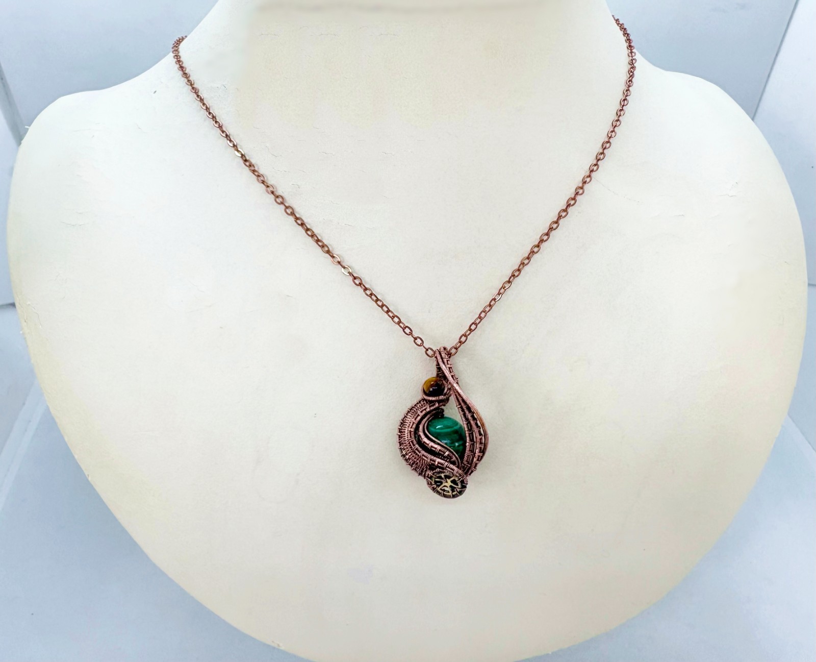 Steampunk Malachite Pendant, Wire-Wrapped in Bronze with Golden Tiger Eye