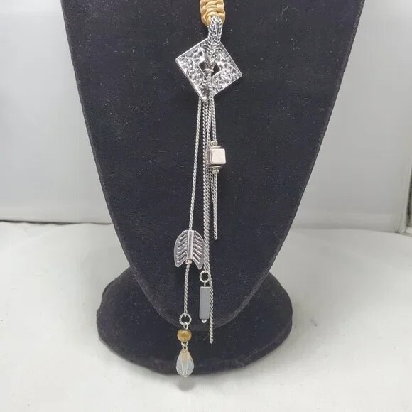 BKE tan leather with silver chain braided neck with hanging charms 27 inch NWT