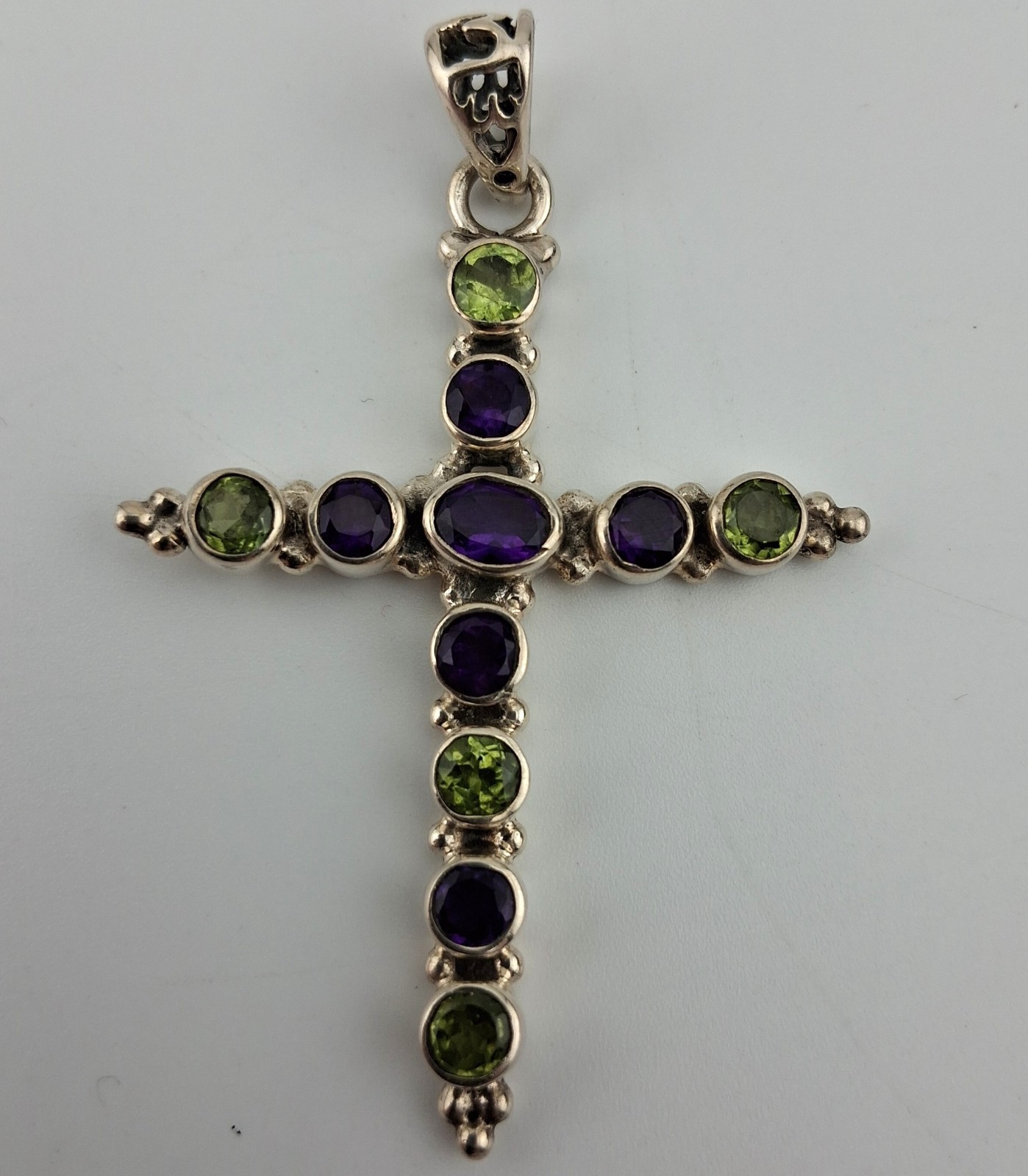Sterling Silver Cross With Peridot & Amethyst Stones 2 1/8″ Long 6g