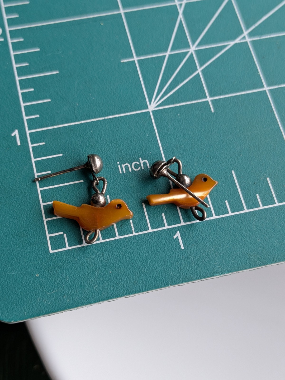 MCM Dainty Fetish Pierced Silver Tone Earrings Carved Orange Brown Shell Birds