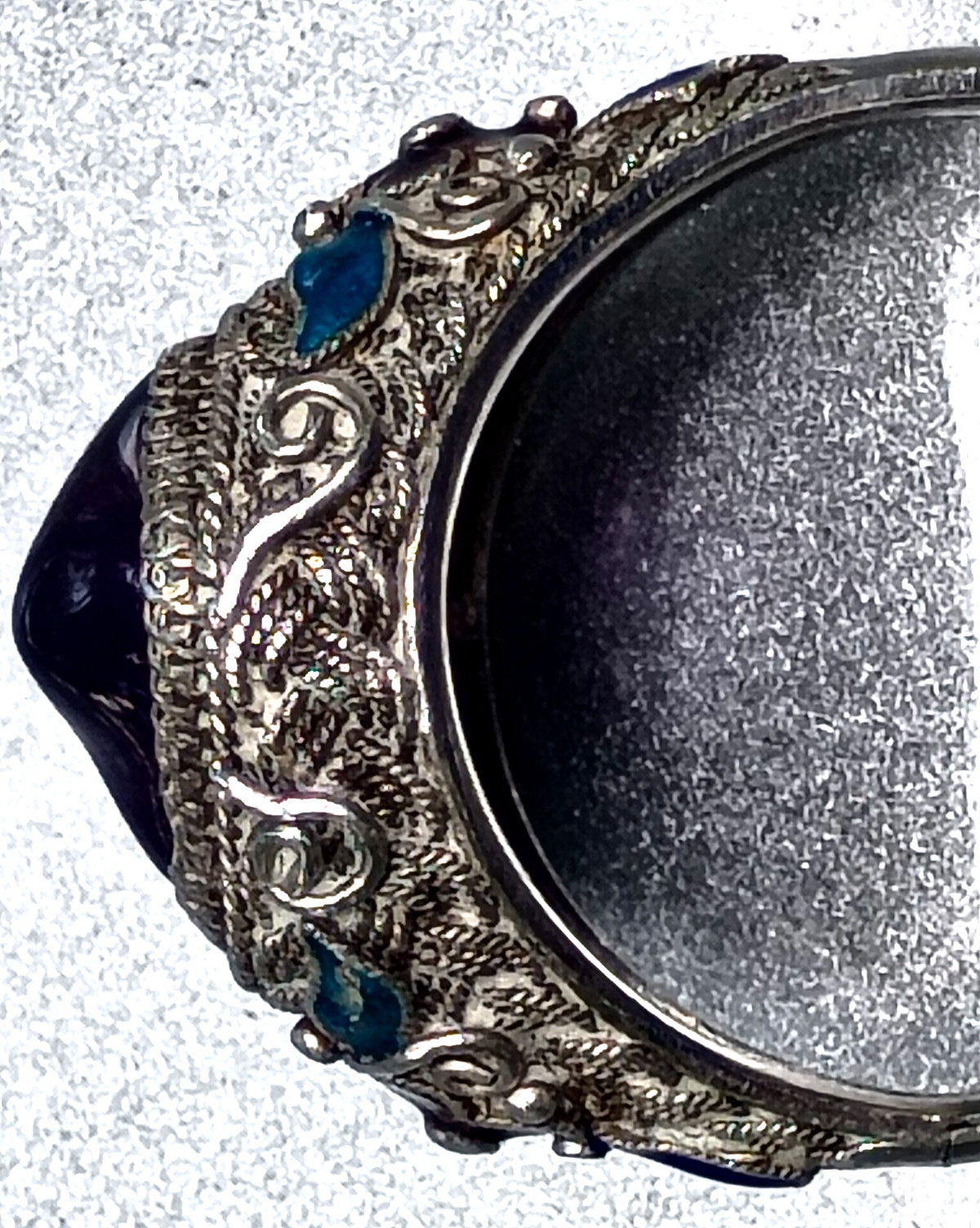 Antique Chinese Export Ring Large Amethyst Sterling Silver Filigree Cloisonné