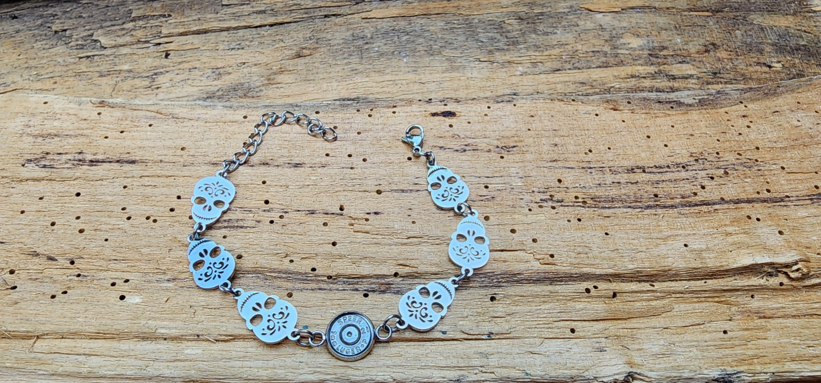 Stainless Steel Bracelet with Sugar Skulls and 9 mm bullet. Optional Color
