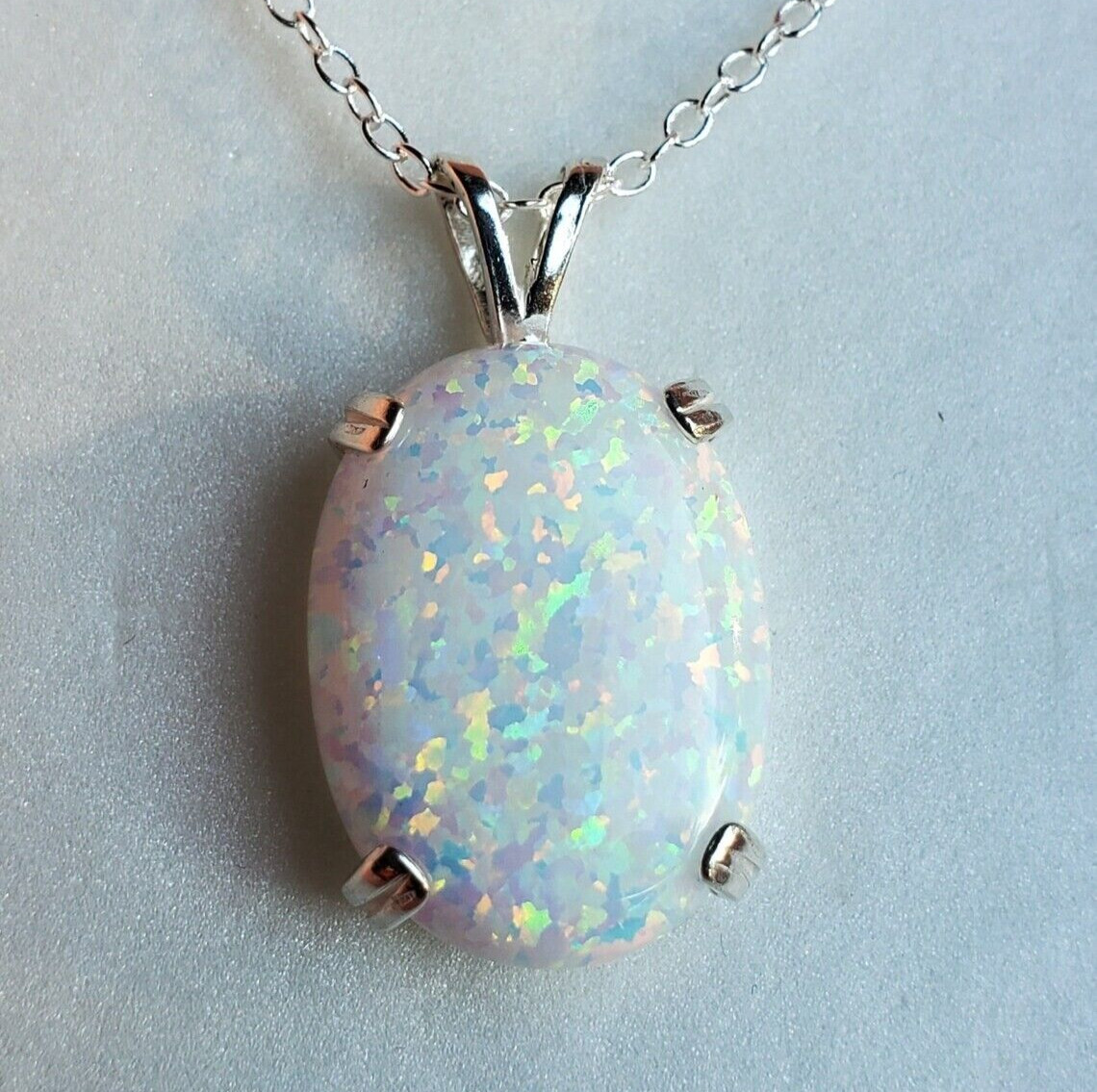 White Opal Rainbow Oval Shape 925 Sterling Silver Pendant Jewelry