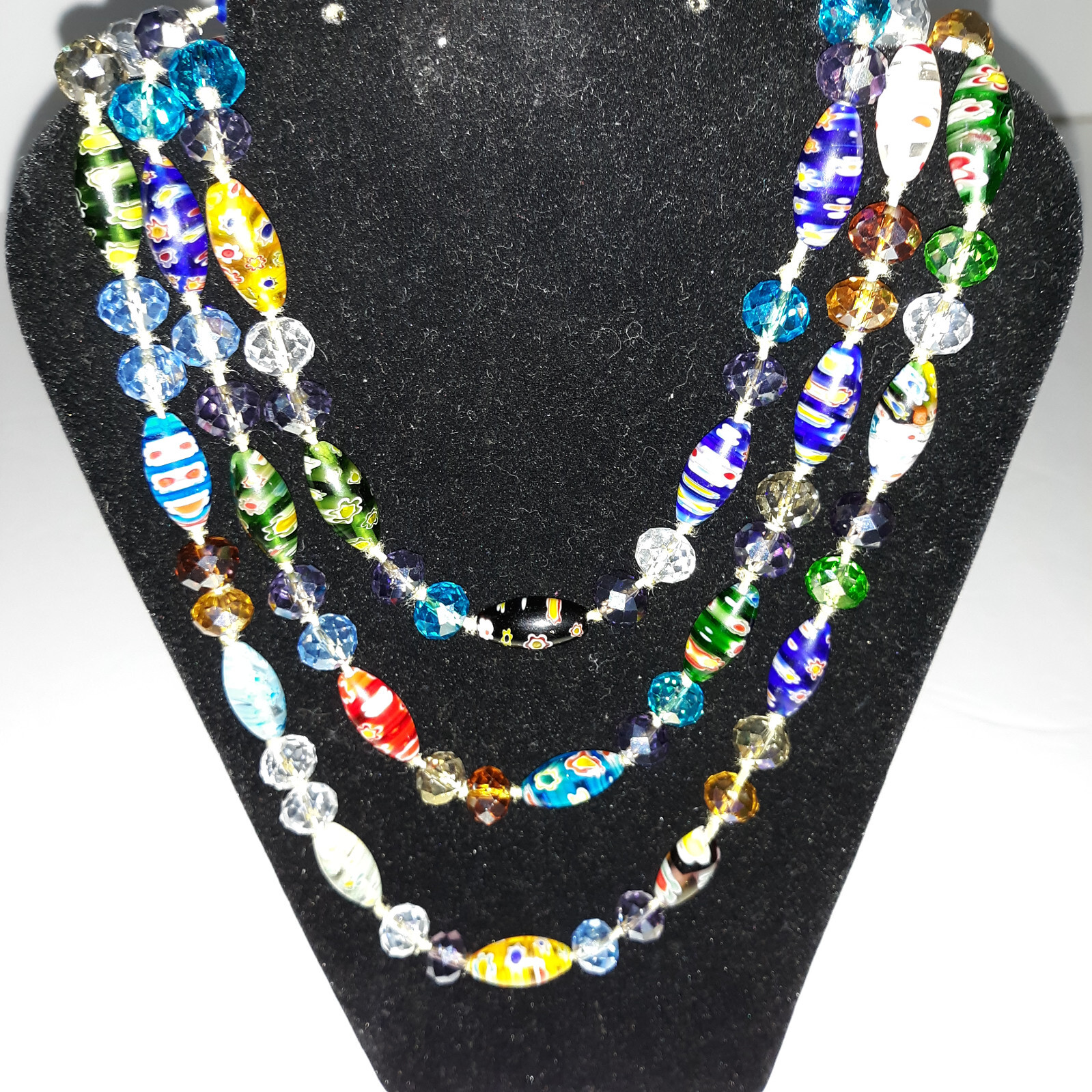 VTG Millefiori Style Art Glass Beads & Crystals Hand Knotted 25″ Stand Overhead