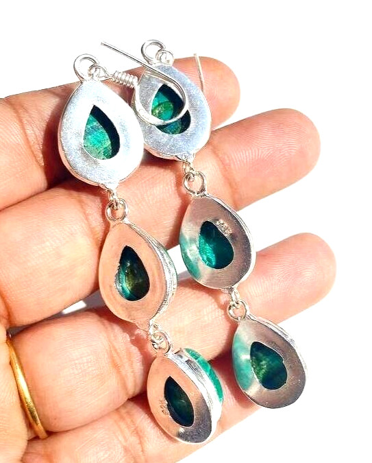 Natural Malachite Gemstone 925 Sterling Silver Handmade Jewelry Earrings 2.10″