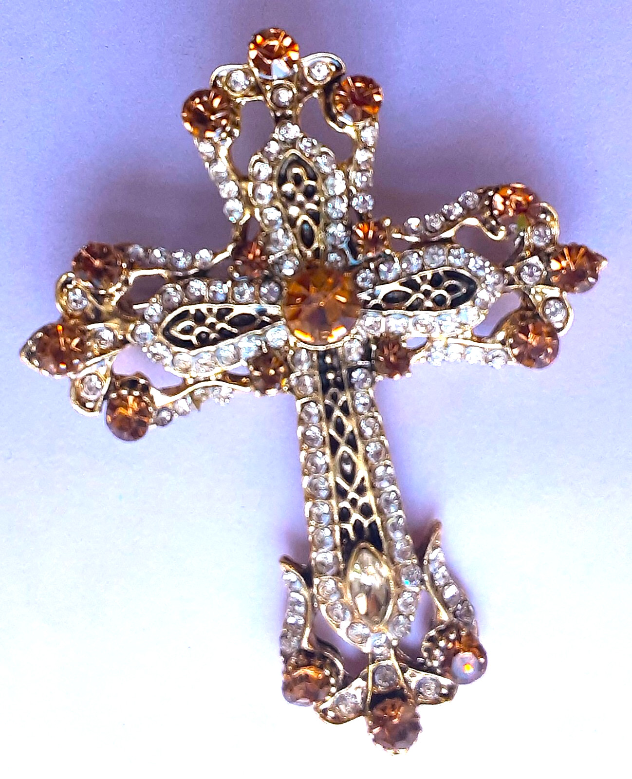 VICTORIAN style CROSS RHINESTONE BROOCH or NECKLACE GIFT BOX Gold color #BR17