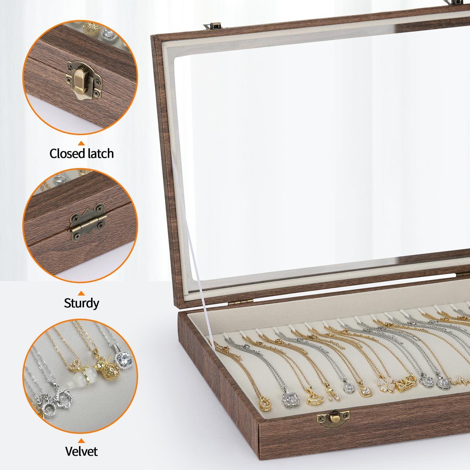 KUKUVR 20 Hooks Velvet Necklace Organizer Box (Wood Style) Wood Style