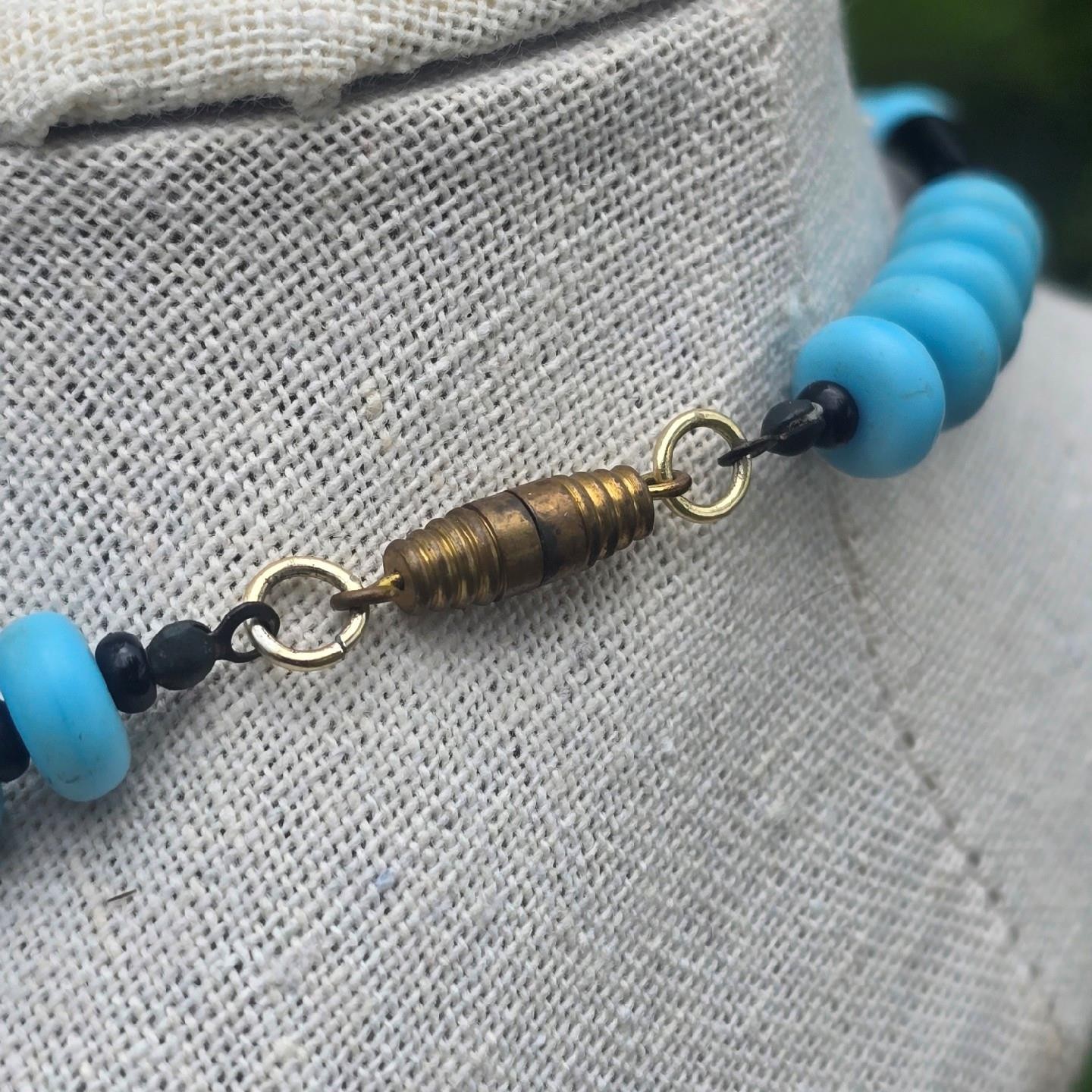 Vintage German Glass Bead Necklace Black & Blue Mid Century Old Stock 18.5 in